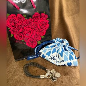 Brighton Silver Heart Charm Bracelet Black Multi-Strand Leather Strap